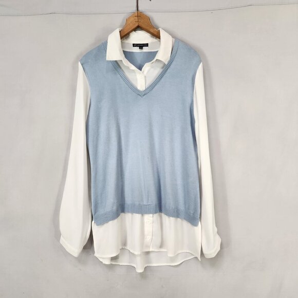 Adrianna Papell Twofer Sweater Shirt Women's M Light Blue White Collared - Picture 3 of 8